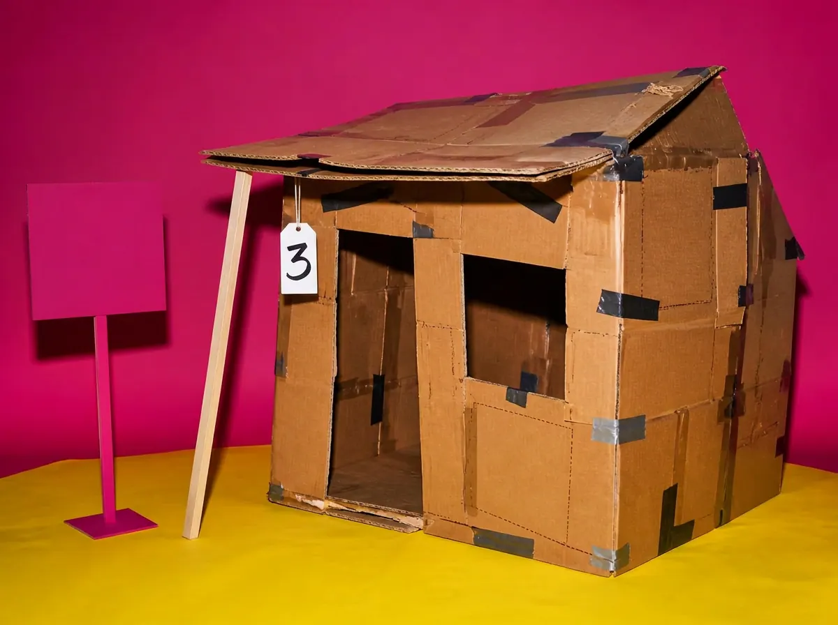 Maqueta 2 · Casa premontada de catálogo, 1965, reconstruida en cartón corrugado a escala. Etiqueta de precio en blanco: el fabricante nunca aceptó actualizarla.