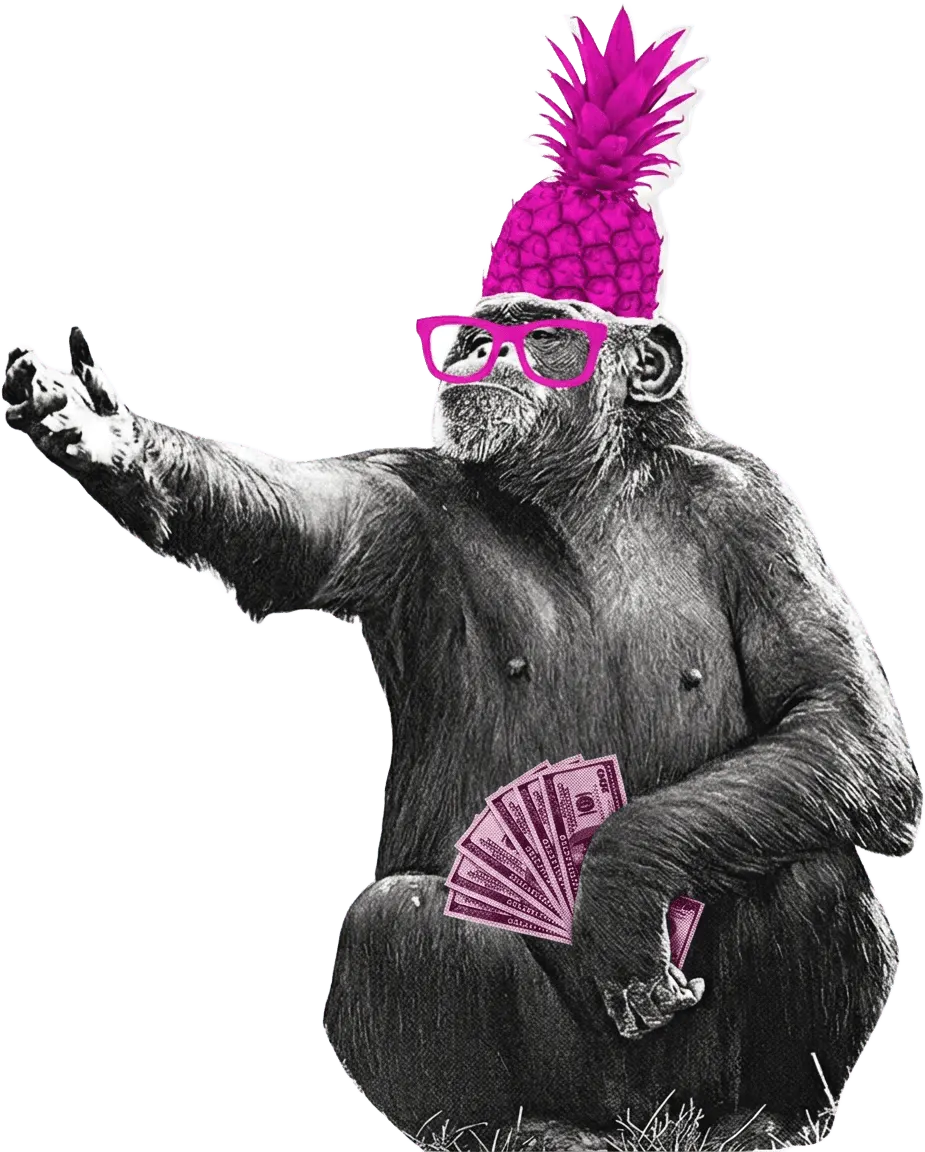 Fotografía decoupage de un chimpancé en blanco y negro, sentado y pidiendo con una mano mientras sujeta billetes con la otra, con gafas magenta y una gran piña magenta como corona en la cabeza