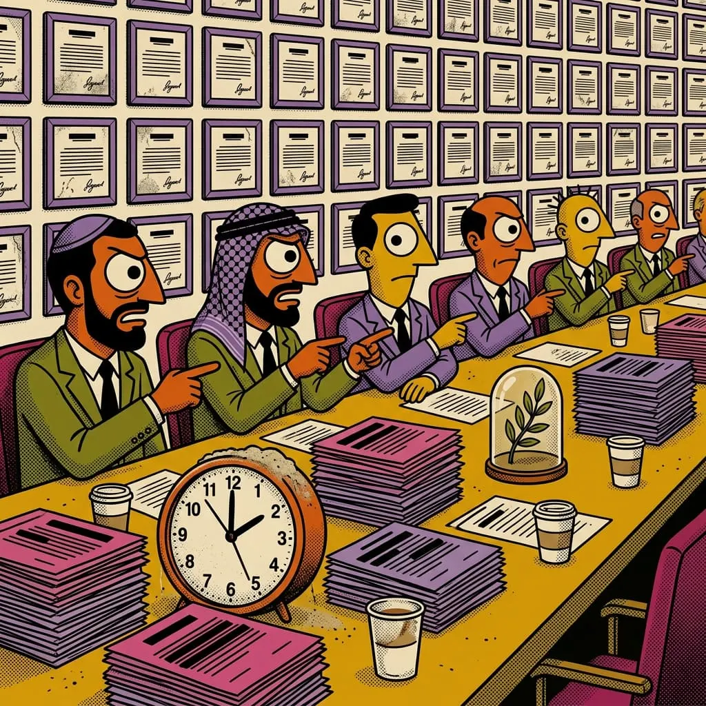 La mesa infinita: seis señores señalándose entre sí, un reloj parado, una rama de olivo bajo campana de cristal y una pared de acuerdos anteriores enmarcados.